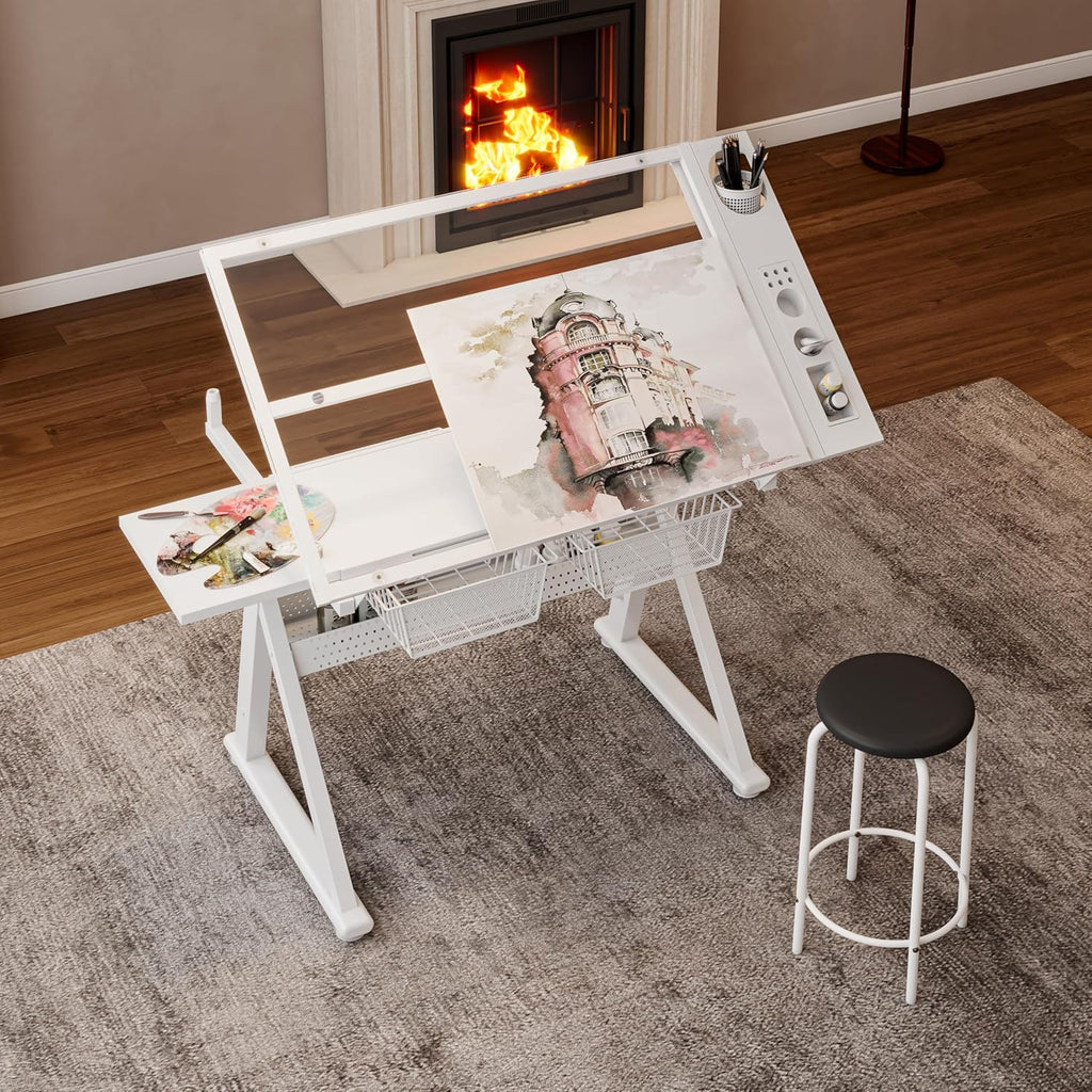 Drafting Table w/Art Stool, Hand Crank Height Adjustable Drawing Desk for Adults with Tilting Glass Top (0-70°), 2 Storage Drawers, Artist Table for Painting & Sketching(White)