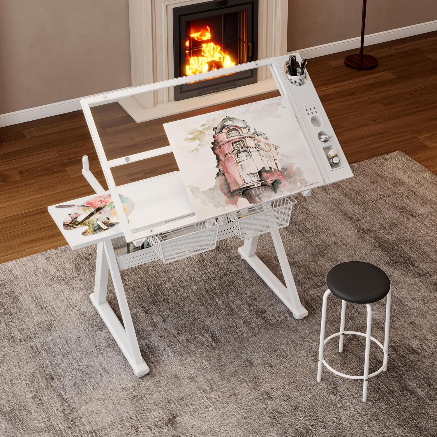 Drafting Table w/Art Stool, Hand Crank Height Adjustable Drawing Desk for Adults with Tilting Glass Top (0-70°), 2 Storage Drawers, Artist Table for Painting & Sketching(White)