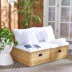SAFAVIEH Outdoor - Pramla Settee and Ottoman Set - Natural & White - Steel Frame with Cushion - Coastal Storage Design - Ideal for Patio, Deck, Porch, Backyard (PAT7515D)