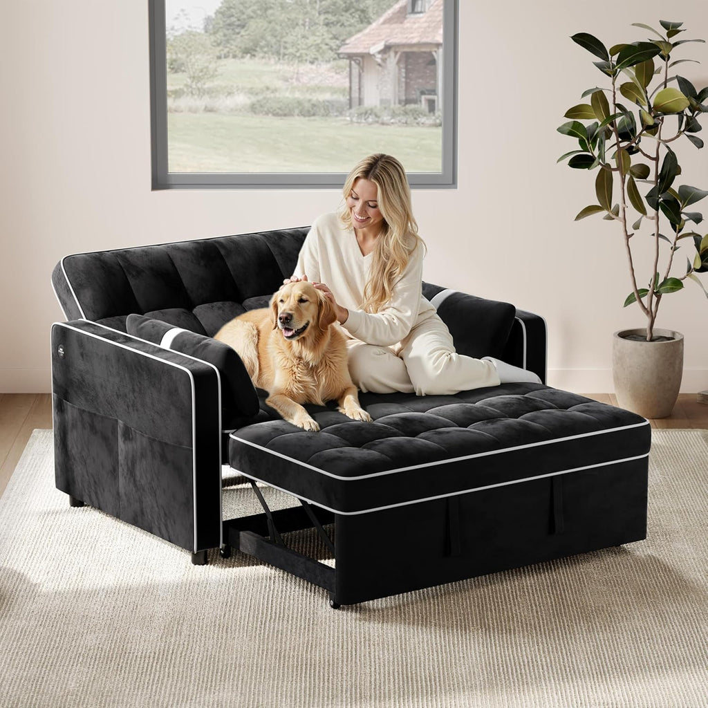 Yaheetech 3 in 1 Sofa Bed Convertible Velvet Sofa Pull Out Couch Folding Loveseat Sleeper with Adjustable Backrest, Armrest Pillows, USB Ports, Side Pockets for Living Room Bedroom Apartment, Black
