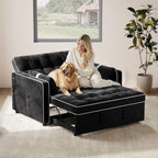 Yaheetech 3 in 1 Sofa Bed Convertible Velvet Sofa Pull Out Couch Folding Loveseat Sleeper with Adjustable Backrest, Armrest Pillows, USB Ports, Side Pockets for Living Room Bedroom Apartment, Black