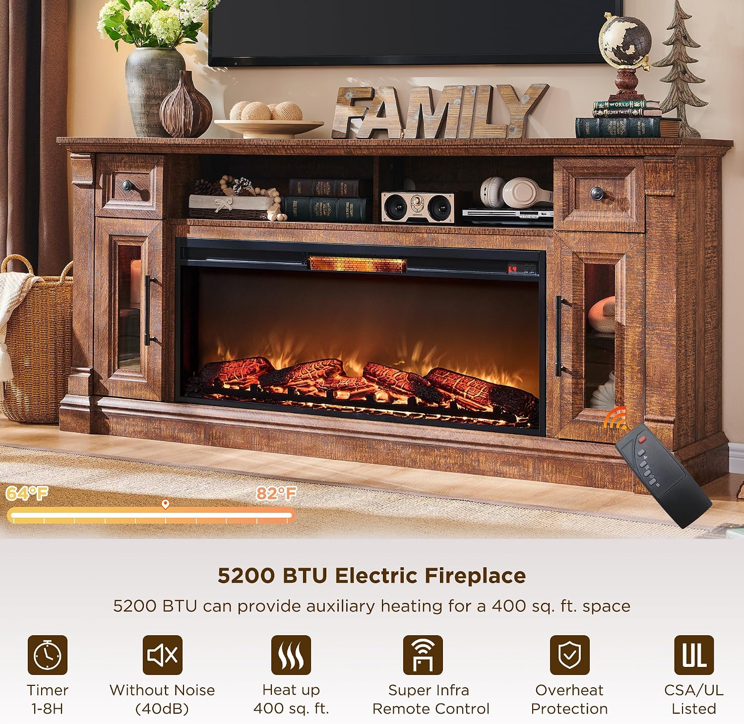 OKD 70" Farmhouse Fireplace TV Stand for TVs Up to 80", Reclaimed Barnwood | 42" Electric Fireplace, Color Changing Flame, 2 Open Cubbies, 2 Spacious Drawers, LED Glass Door Cabinets, Retro Handles