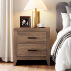 WAMPAT End Table with 2 Large Drawers, Wooden Side Table with Storage, Farmhouse Nightstand for Bedroom and Living Room, Brown