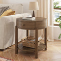 Solid Wood 24" Round End Table with Drawer, 2-Tier Small Sofa Side Table with Open Storage Oak Wood Accent Corner Table Modern Nightstand with Shelf for Living Room Bedroom Office, Brown, 24x25.16in