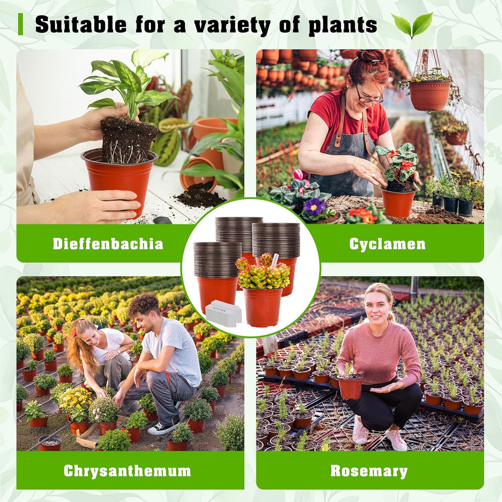 TDHDIKE 6 Inch Plastic Plant Nursery Pot/Pots (200pcs) with 200 Plant Labels - Red Seedling Flower Containers (Indoor/Outdoor)