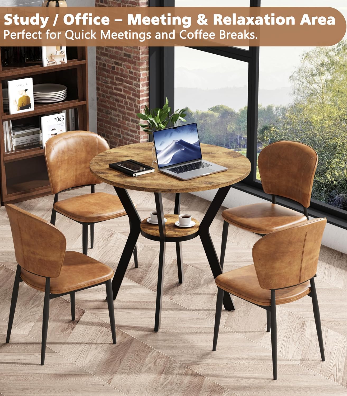 MECHYIN 31.5" Round Kitchen Table for 2-4, Small Round Dining Table with Storage, Rustic Wood Circle Table with Metal Legs, Compact Dining Room Table for Kitchen, Cafe, Apartment and Small Space