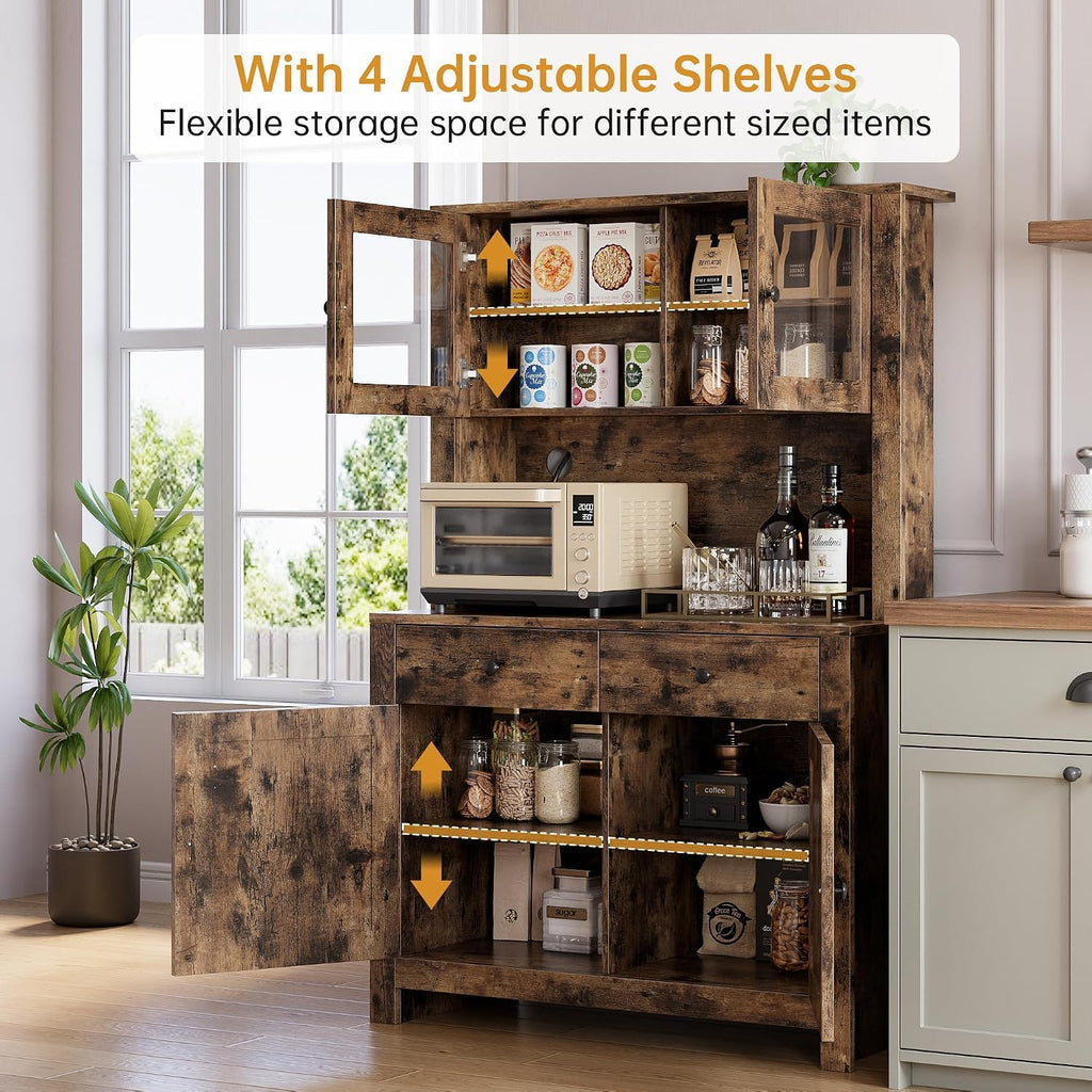 Jojoka 63" Tall Kitchen Pantry Hutch Cabinet with Drawers, Freestanding Storage Cabinet with Microwave Stand, Adjustable Shelves & Tempered Glass Doors for Dining Room Living Room,Brown
