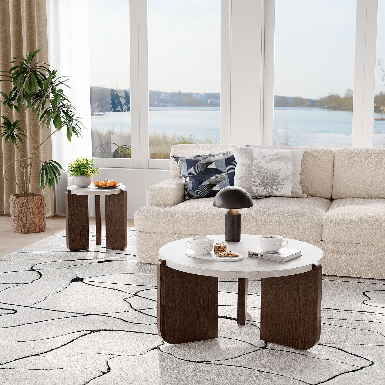 COSIEST Small Round Side Table, Modern 3-Leg Accent End Table with Faux Marble Wood Top and Wood-Like Legs, Nightstand for Living Room, Bedroom, Office, Cream White & Dark Brown,17.7”Dia. x 18.9”H