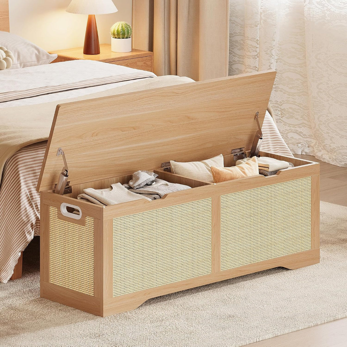 LIKIMIO 47.2" Rattan Storage Ottoman Bench Chest, Rustic Wood | Vintage brown rattan and wood frame; 330 lb support and 47.2 x 15.8 x 17.7 in size.