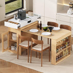 Extendable Dining Table with Storage, Transformer Console Table for 1-4 People, Mobile Rolling Island Table Space Saving Dining Room Table with Built-in Outlet for Homes, Apartments, Natural