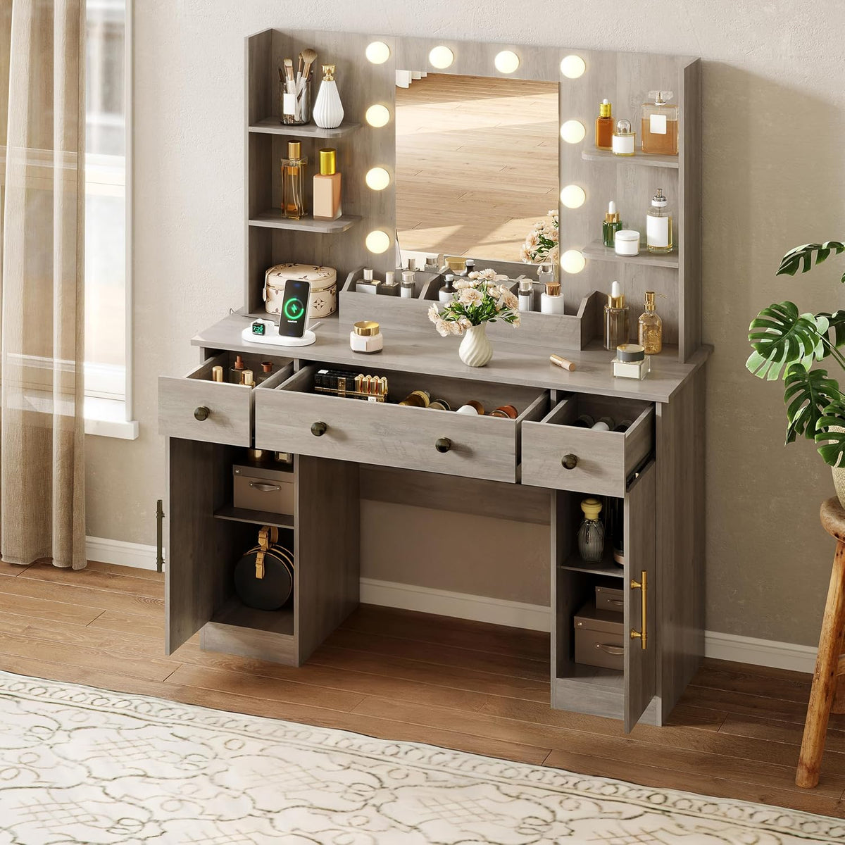 HUANLEGO Vanity Desk with Mirror and Lights, Makeup Vanity with Mirror and LED Lights & Power Outlet, 3 Drawers and Cabinets, 3 Lighting Modes Dressing Table Set for Girls Women Bedroom,Grey
