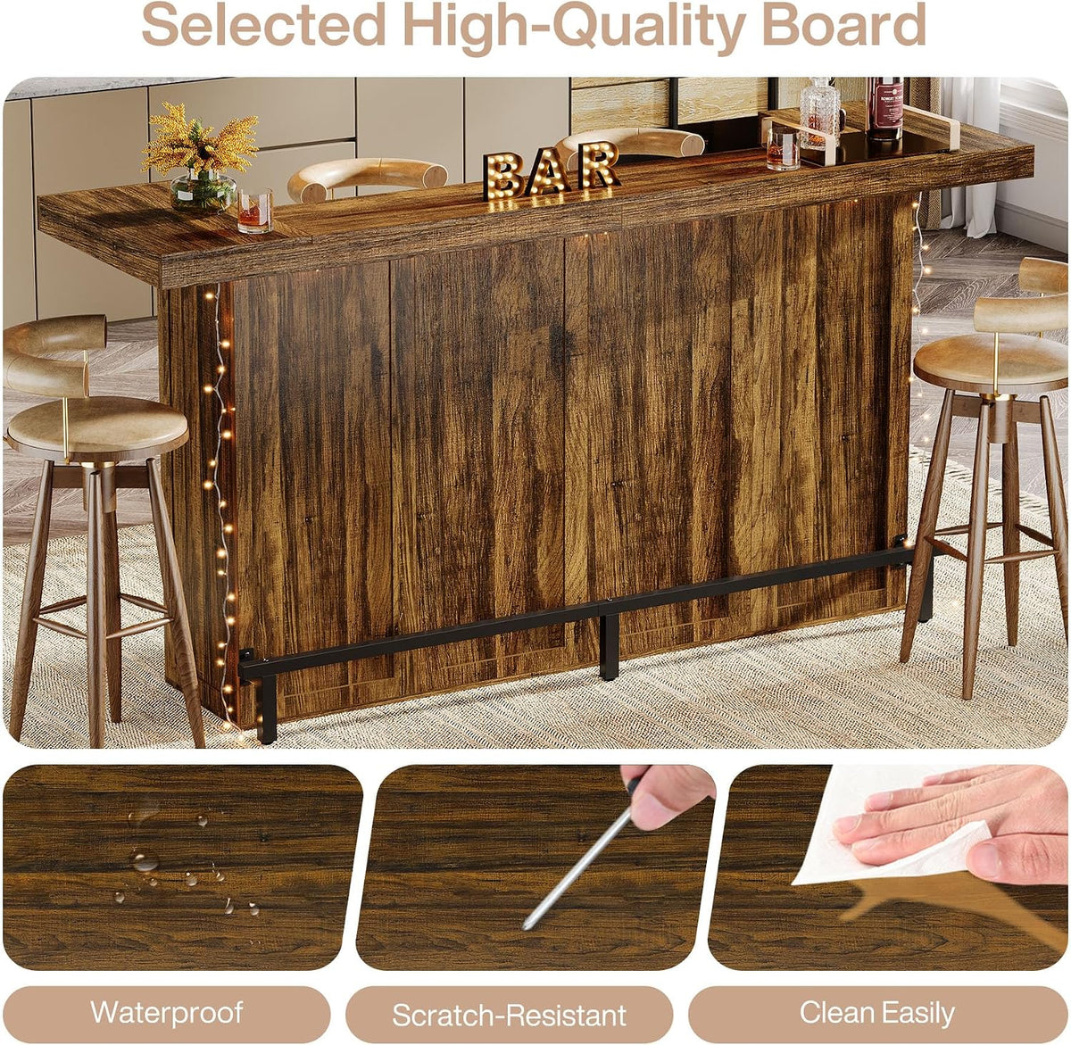 Tribesigns 4-Tier Bar Table, 70.9-Inch Large Home Bar Unit, Brown | with Storage Shelves, Wine Glass Holder and Footrest; for Kitchen, Indoor
