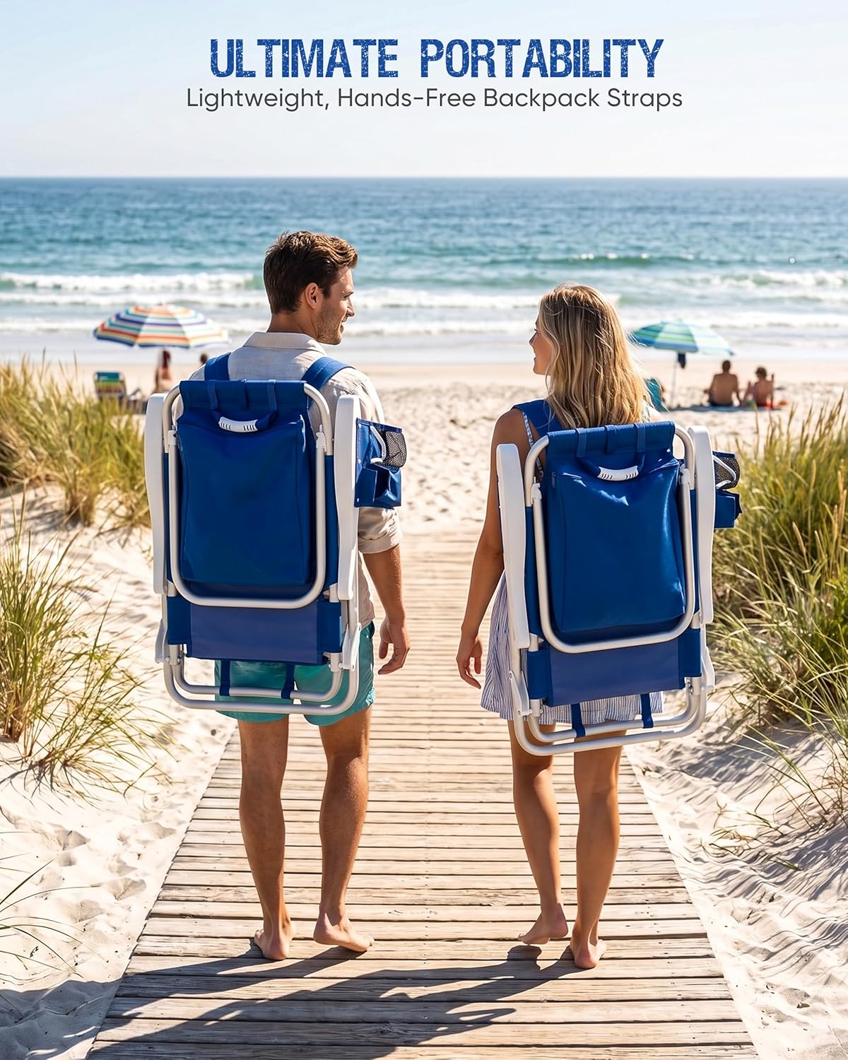 Old Bahama Bay 2 Pack 7-Position Lay-Flat Beach Chair, Lightweight Aluminum Frame Reclining Backpack Chair with Padded Headrest, Cup Holder & Storage Bag, Heavy Duty Support for Tanning & Camping Blue