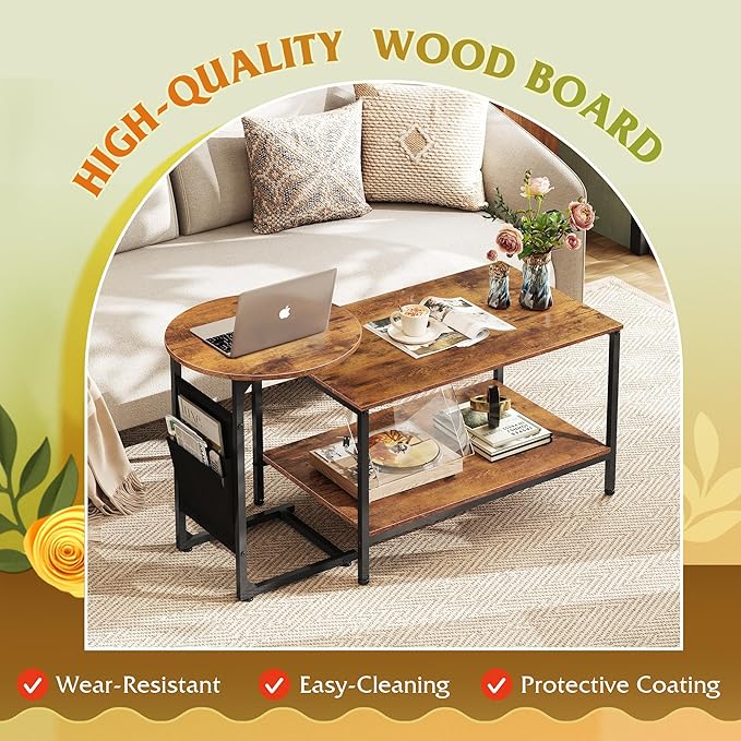 WLIVE Coffee Table, 31.3" and 18.7" Small Coffee Tables for Living Room, Modern Center Table and Side Table Set with Storage Side Pouch for Bedroom, Apartment, Rustic Brown
