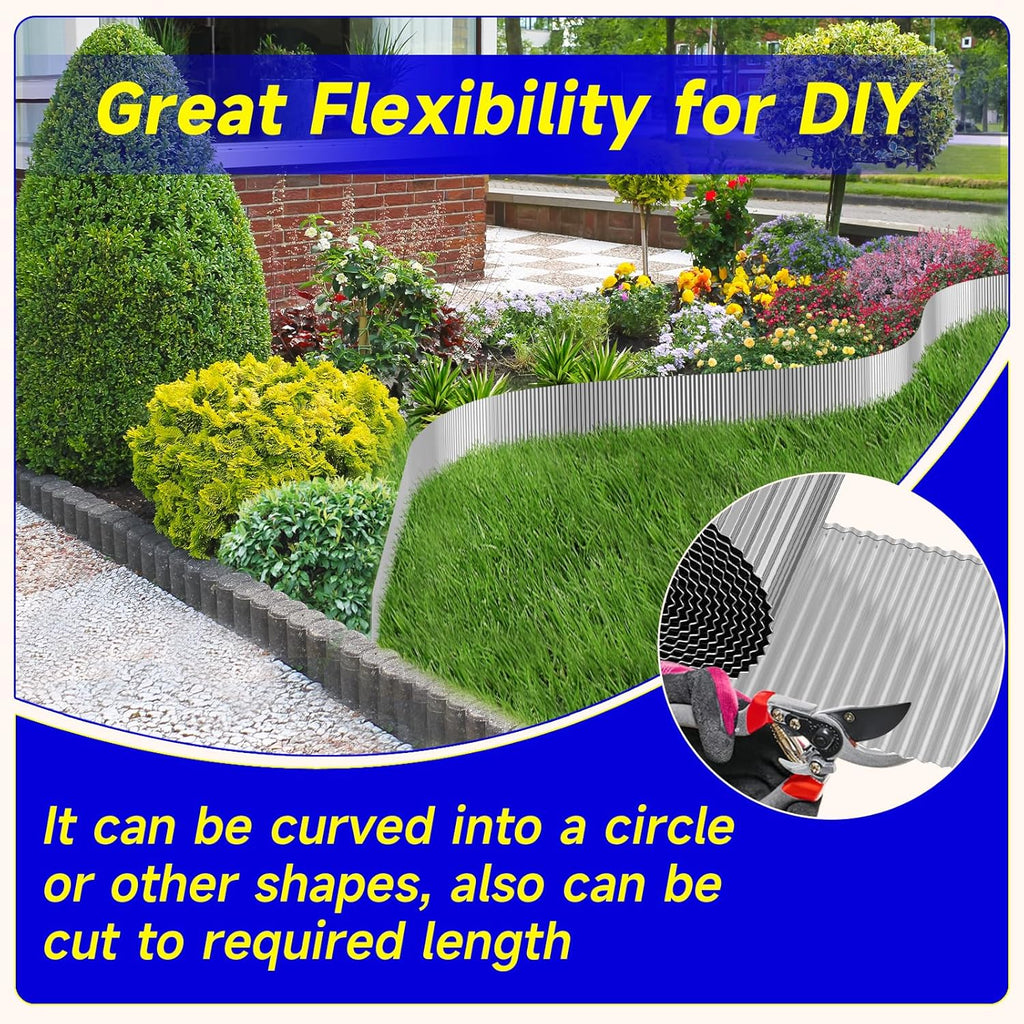 Corrugated Garden Edging,8"×10Ft Galvanized Steel Landscape Edging & Lawn Edging Border, Metal Garden Border for Flower Beds, Garden，Lawn，Raised Beds & Tree Surrounds (Silver)