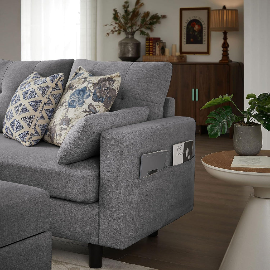 101" Convertible Sectional Sofa with Ottoman Coffee Table, Modern Linen Fabric U-Shaped Couch with Storage Pocket, 4 Seat Sofa Couches for Living Room, Apartment, Office, LightGrey