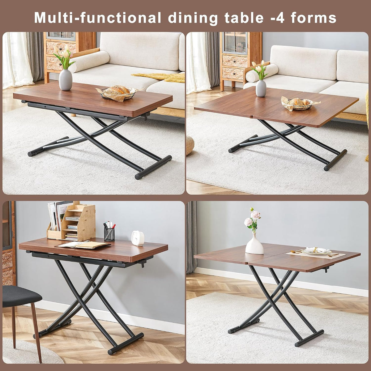 Multifunctional Height-Adjustable Folding Table - Coffee to Dining Transformer, Wooden Top & Metal Legs, Modern for Small Spaces (Kitchen/Living) (Walnut)