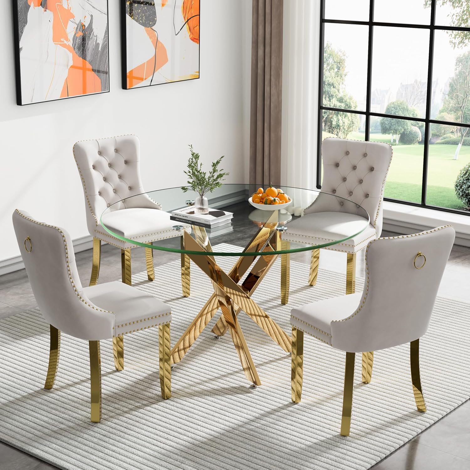 Round Glass Dining Table Set for 4, Small Kitchen Table Set for 4, 47" Circle Gold Glass Table and Chairs Set of 4,5 Piece Round Dining Room Table Set w/Beige Velvet Chairs for Breakfast Dinette Cafe