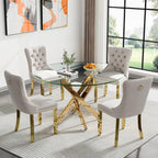 Henf 5 Piece Round Glass Dining Table Set for 4, Modern 47" Round Dining Table & Chair Set Circle Glass Kitchen Table and 4 Velvet Tufted Chairs for Kitchen Dining (Gold Table & Beige Chair)
