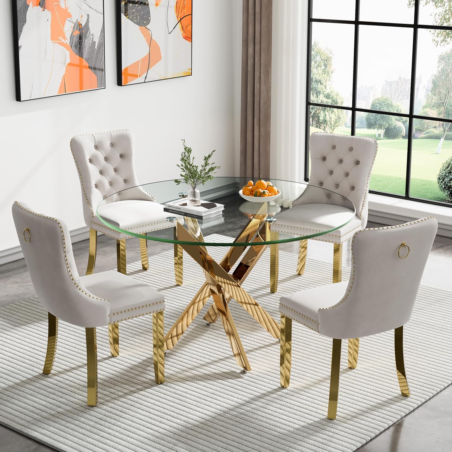 Henf 5 Piece Round Glass Dining Table Set for 4, Modern 47" Round Dining Table & Chair Set Circle Glass Kitchen Table and 4 Velvet Tufted Chairs for Kitchen Dining (Gold Table & Beige Chair)
