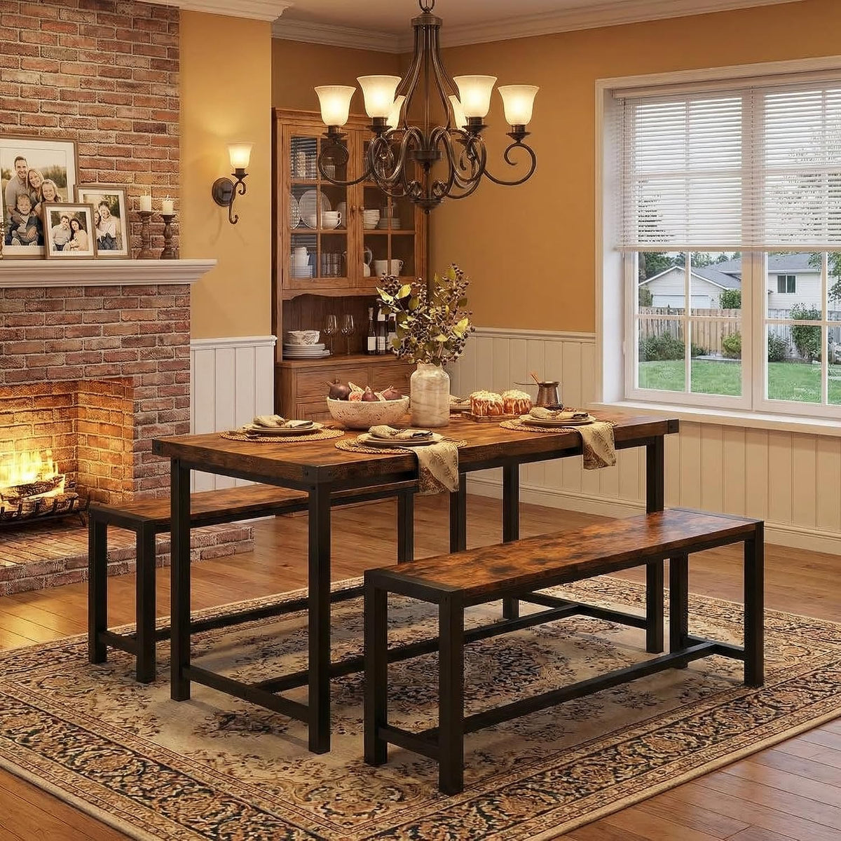 GAOMON Dining Table Set for 4, Wooden Kitchen Table with 2 Benches, 3 Piece Rectangular Dining Room Set, Space Saving Kitchen Tables Sets for Apartment, Small Space, Home, Rustic Brown