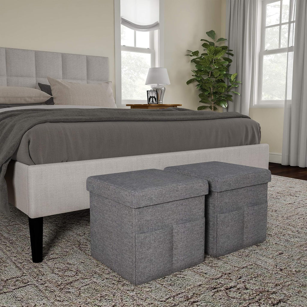 Set of 2 Ottomans with Storage Pockets - 15-Inch Folding Foot Rests or Storage Organizers for Bedroom, Living Room, or Dorm by Lavish Home (Gray)
