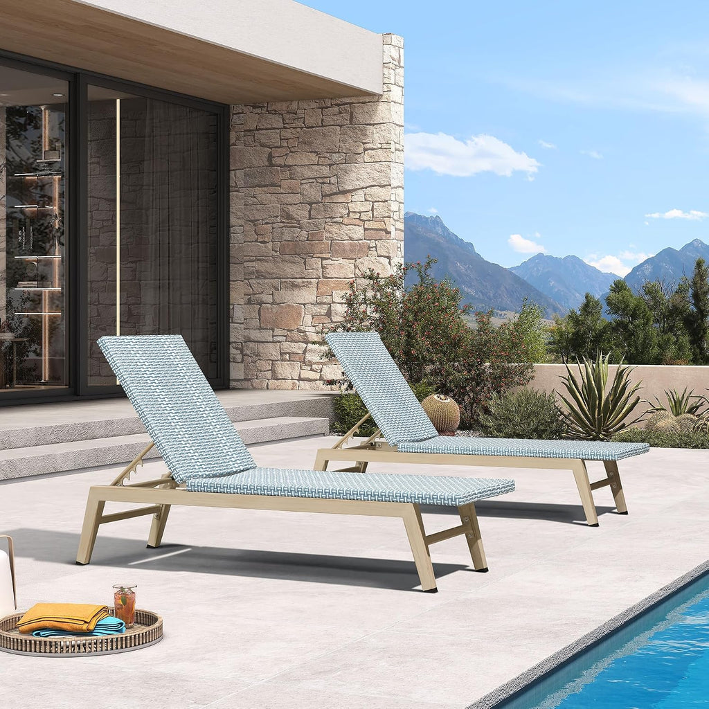 PURPLE LEAF Oversize Chaise Lounge Champagne Frame Set of 2, Pale Blue | 3-Year Color Retention PE Rattan, 2.4" Thickened Aluminum Frame, 16.14" Knee-Friendly Height, French-Inspired Style