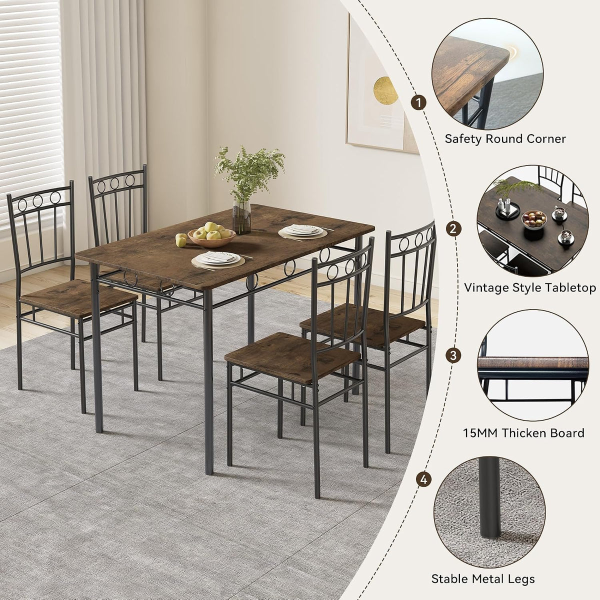 Dining Table Set for 4, 5-Piece Kitchen Table and Chairs, Rectangular Dining Room Table Set with 4 Chairs, Space-Saving Kitchen Table Set for Small Space,Dinette,Apartment,Retro Brown