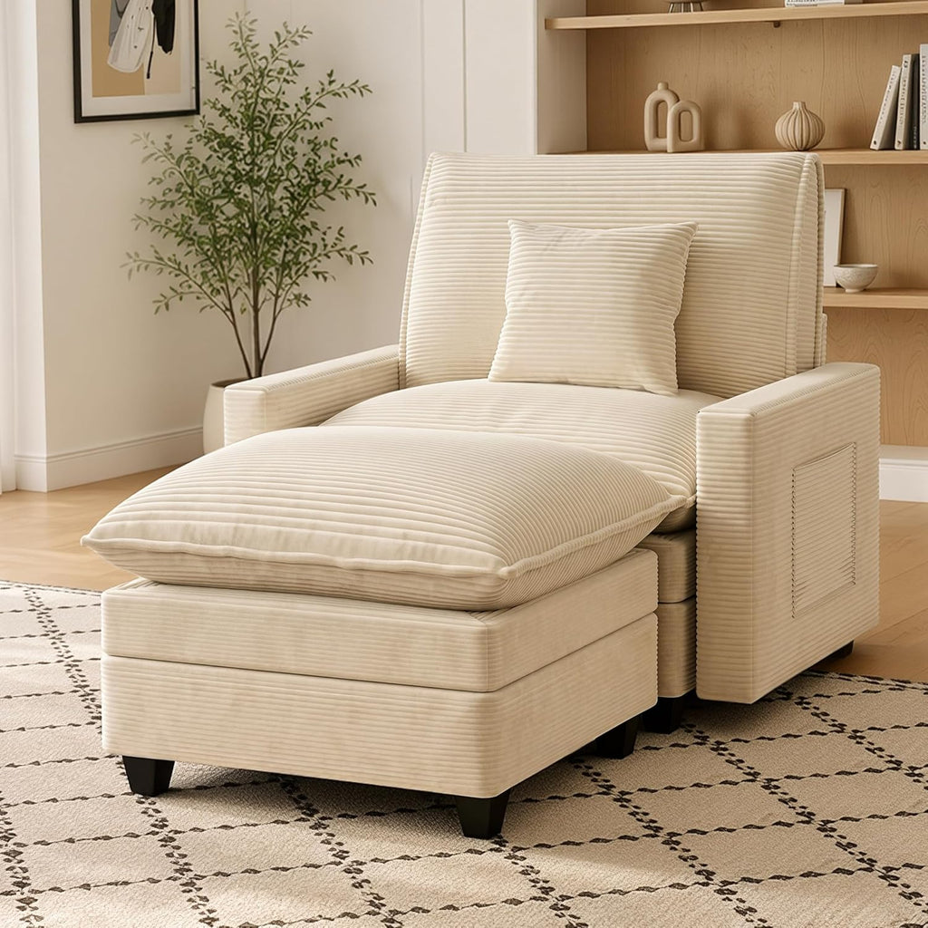 Oversized Accent Chair with Ottoman, 41" Comfy Cloud Single Seat Sofa | Comfy Corduroy Armchair with Throw Pillow & Side Pockets, Modern Reading Chair for Living Room, Bedroom, Apartment