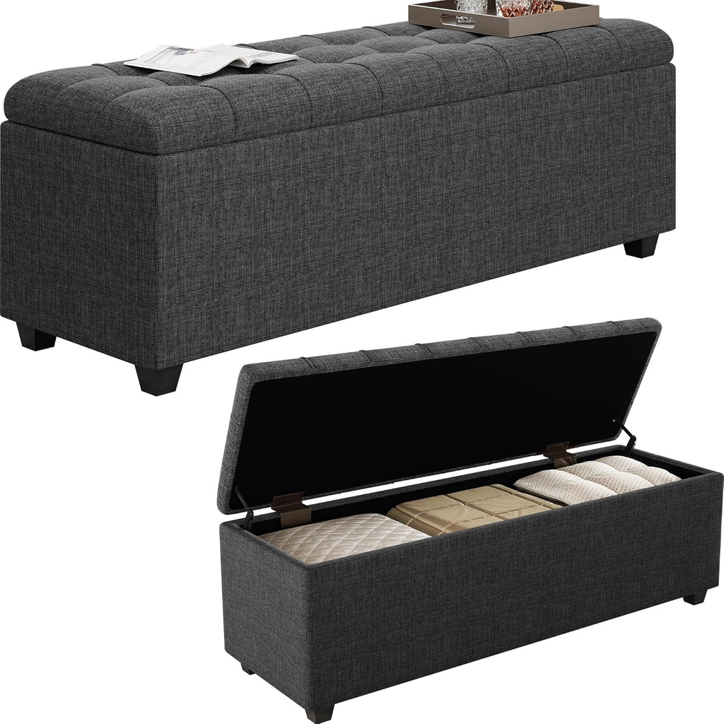 38-inch Dark Grey Fabric Storage Ottoman Bench with Hinged Lid - Long End of Bed Bench for Bedroom, Living Room & Entryway, Footrest Seat Trunk