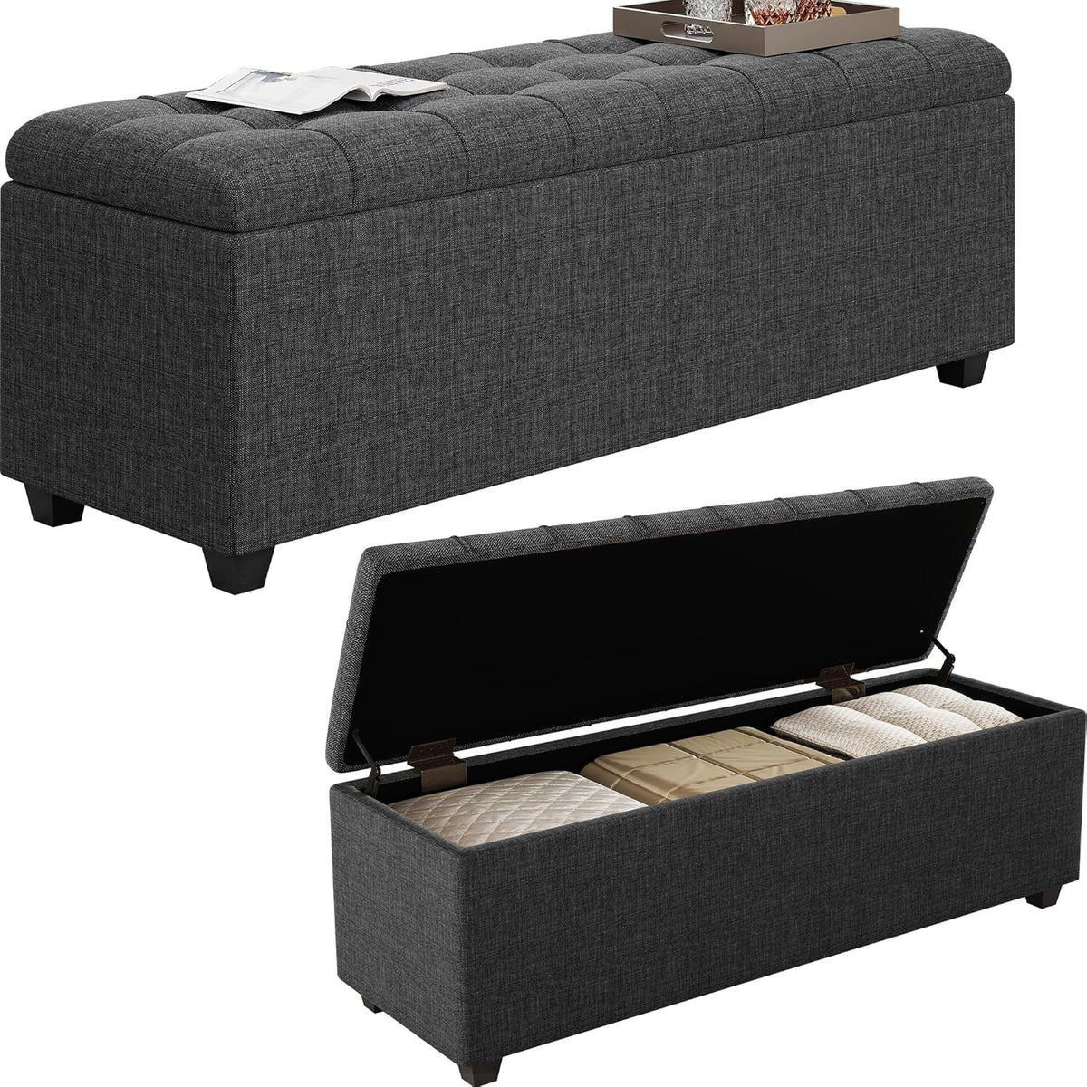 38-inch Dark Grey Fabric Storage Ottoman Bench with Hinged Lid - Long End of Bed Bench for Bedroom, Living Room & Entryway, Footrest Seat Trunk