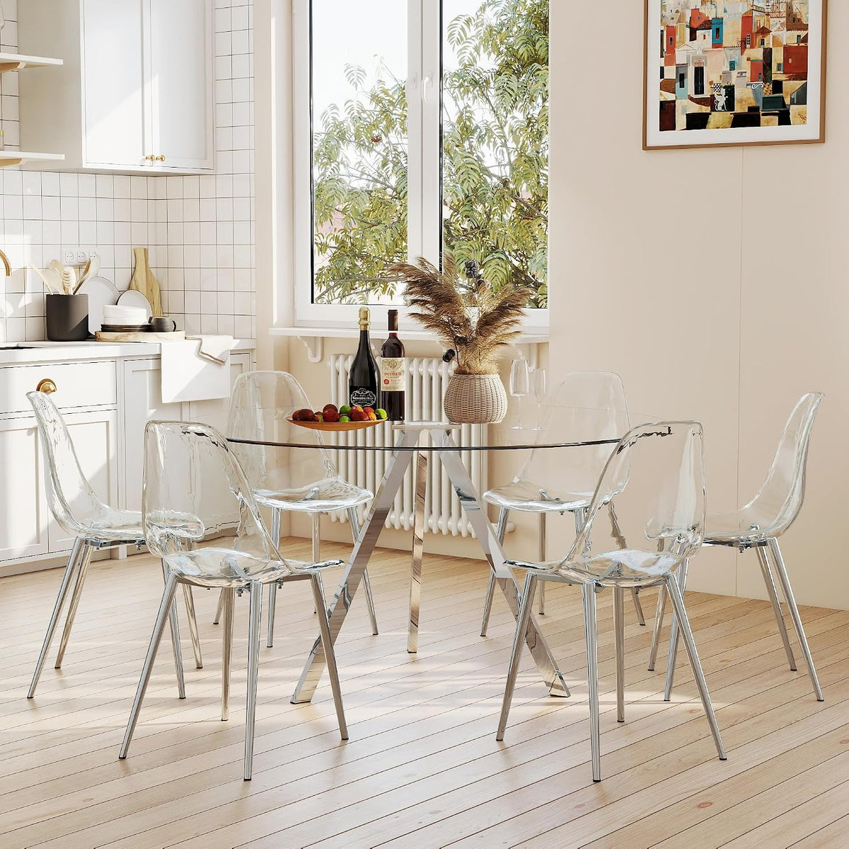 Round Dining Table Set for 6, 47" Clear Tempered Glass Table with Sliver Metal Legs and 6 Transparent Acrylic Chairs, Compact Modern Kitchen Table Set for Small Space Dining Room (Sliver)