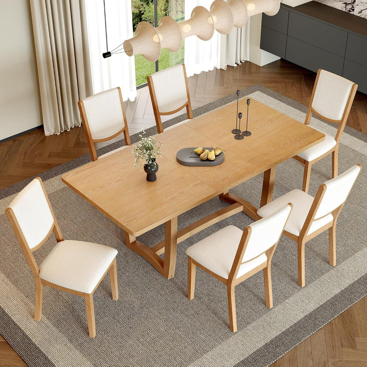 Merax 60"-78" Expandable Dining Table Set for 6, Large 7-Piece Solid Wood Rectangular Kitchen Table Set with Removable Leaf and 6 Upholstered Chairs, Space Saving Kitchen Furniture, Natural