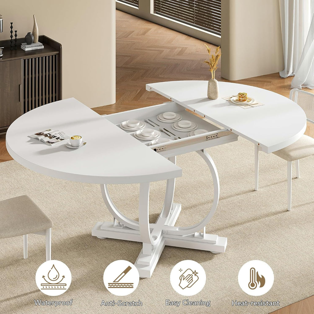 Einhomn 59" Extendable Round Dining Table for 4-6, Modern Oval Kitchen Table with Heavy Duty Curved Legs & Pedestal Base, Space Saving Circle Dinner Room Table for Dining Kitchen Living Room, White