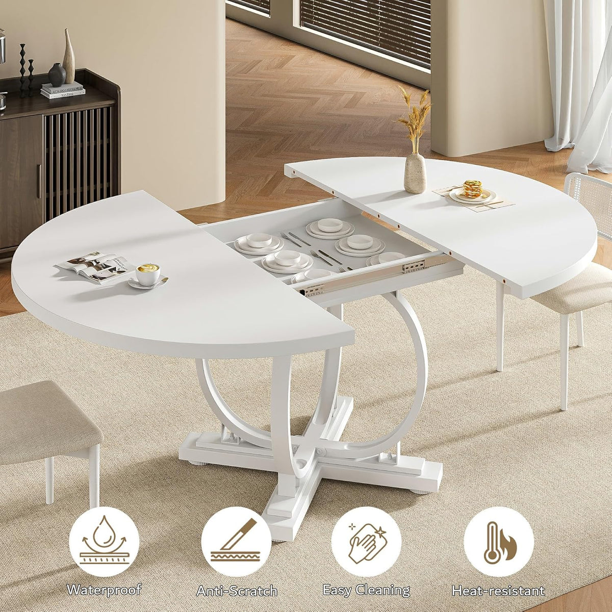 Einhomn 59" Extendable Round Dining Table for 4-6, Modern Oval Kitchen Table with Heavy Duty Curved Legs & Pedestal Base, Space Saving Circle Dinner Room Table for Dining Kitchen Living Room, White