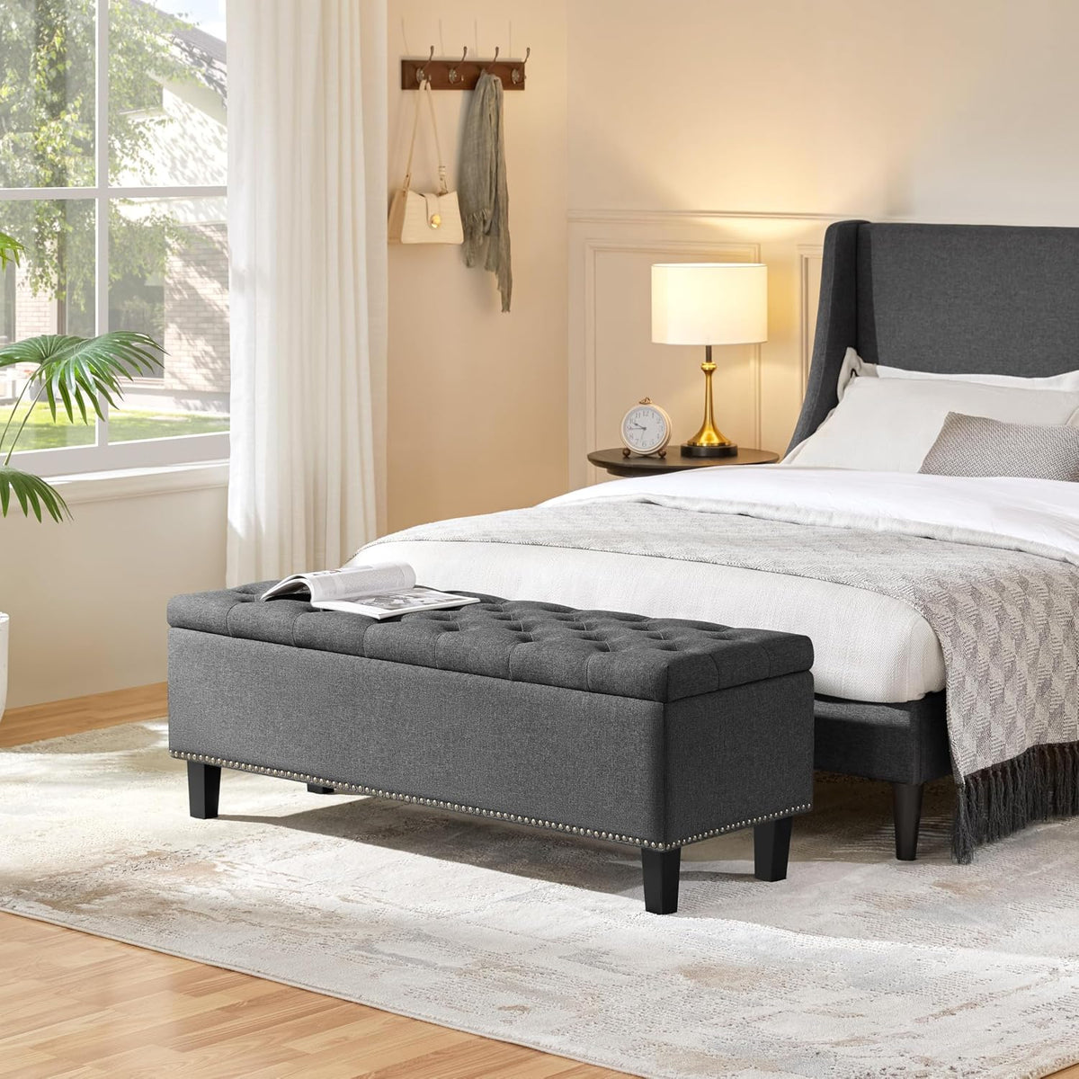 Yaheetech 49in Square Storage Ottoman Coffee Table with Nailhead, Dark Gray | Button-Tufted Linen-Look Fabric Bench, 3.5C Storage Space, Wood Legs, Metal Hinges, for Bedroom Foot of Bed Living Room