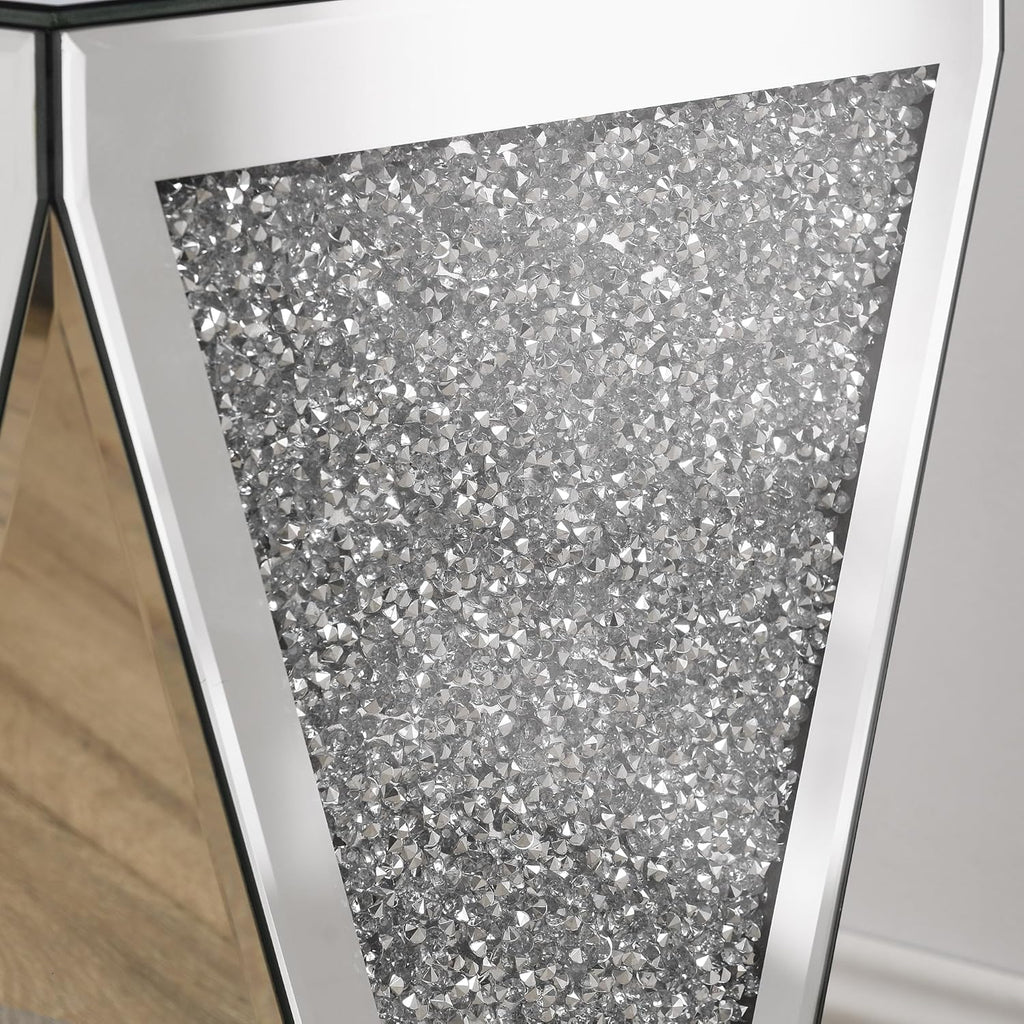 Henf Mirrored End Table Modern Inverted Triangular Side Table with Crystal Design Decorative Glass Accent Small Coffee Table Bedside Table for Home Decoration Crystal Diamond Bed Night Stand