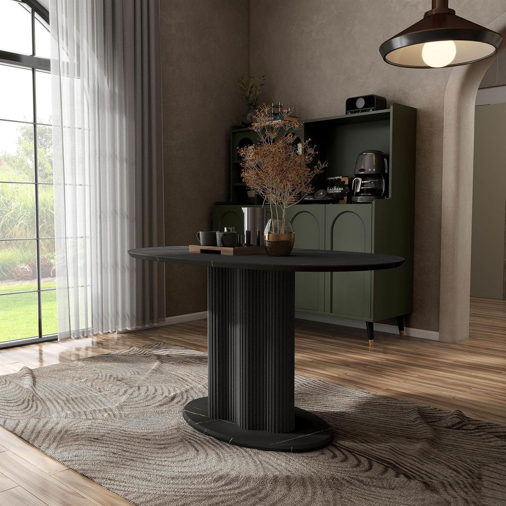 Homes: Inside + Out Elara Modern 54-inch Oval Dining Table with Fluted Pedestal Base, Seats up to 4, for Home Kitchen, Living Room, Black