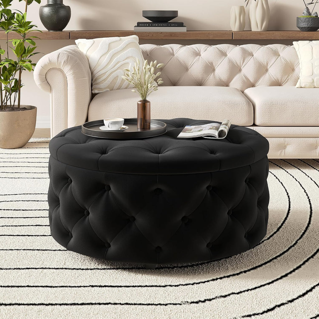 FiveWillowise 30 Inch Round Ottoman with Storage Tray,Large Coffee Table | Circle Modern Button Footstool with Removable Lid,Cozy Foot Stools for Living Room, Bedroom,Makeup Room,Black