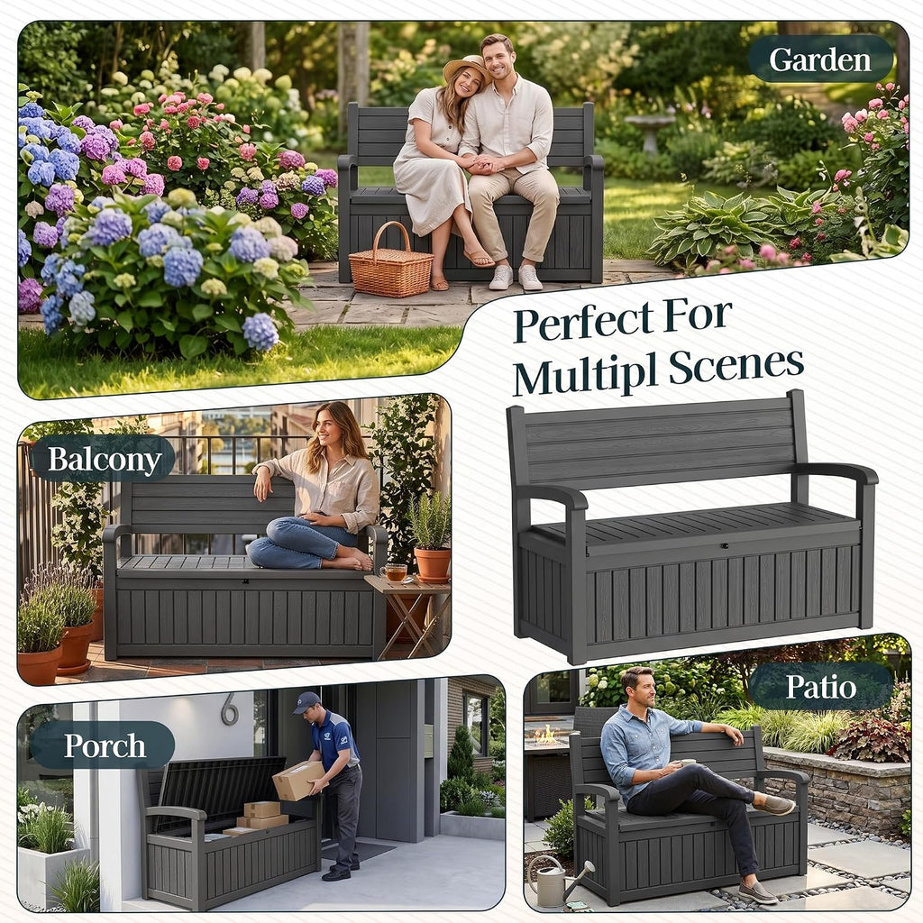 Outdoor Bench with Storage, Waterproof Garden Storage Bench, 100 Gallon Lockable Resin Deck Box, Weatherproof Bench Seating for Patio Yard Cushions Tools, Black