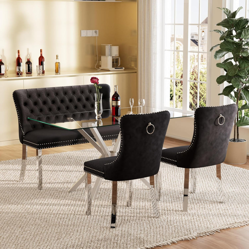 yeag Modern Rectangular Glass Dining Table Set, 47" Clear Tempered Glass Kitchen Table with Silver Metal Legs & 2 Black Velvet High-end Tufted Chairs with 1 Bench for Home, Dining Room, Apartment