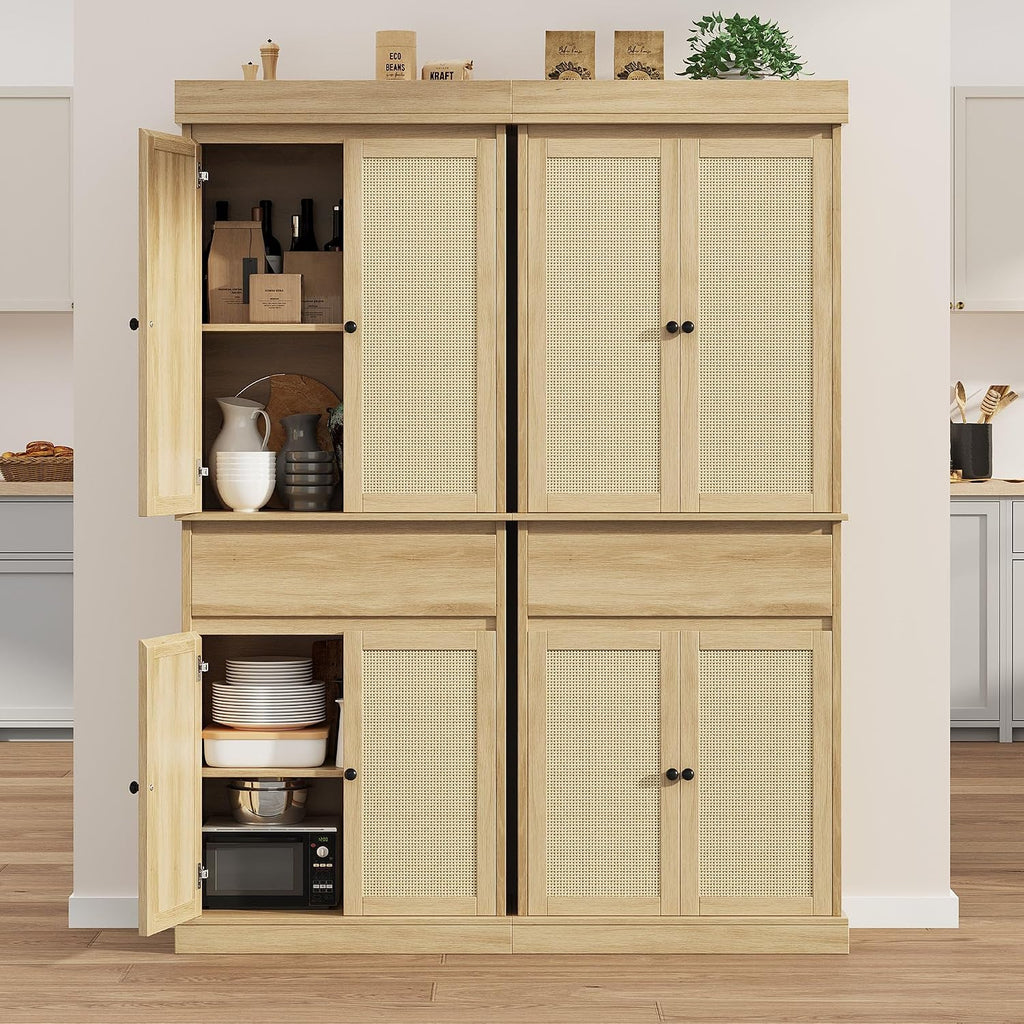 GarveeHome Kitchen Pantry Cabinet, Tall Storage Cabinet with Rattan Doors and Adjustable Shelves, Freestanding Cupboard with Drawer for Bathroom, Dining Room, Living Room, Natural Oak
