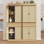 GarveeHome Kitchen Pantry Cabinet, Tall Storage Cabinet with Rattan Doors and Adjustable Shelves, Freestanding Cupboard with Drawer for Bathroom, Dining Room, Living Room, Natural Oak