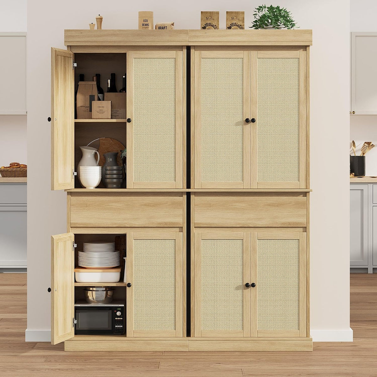 GarveeHome Kitchen Pantry Cabinet, Tall Storage Cabinet with Rattan Doors and Adjustable Shelves, Freestanding Cupboard with Drawer for Bathroom, Dining Room, Living Room, Natural Oak
