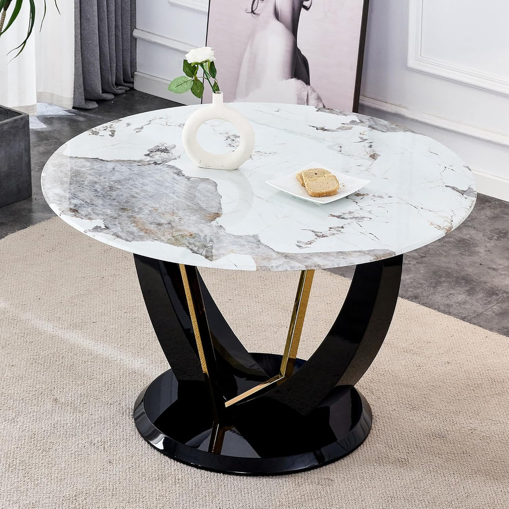 JUFU 48 Inch Round Dining Table for 4 to 6, Faux Marble Look, Modern Circle Kitchen Furniture with Stable Pedestal Base for Apartment, Dining Room, Living Room, Restaurant