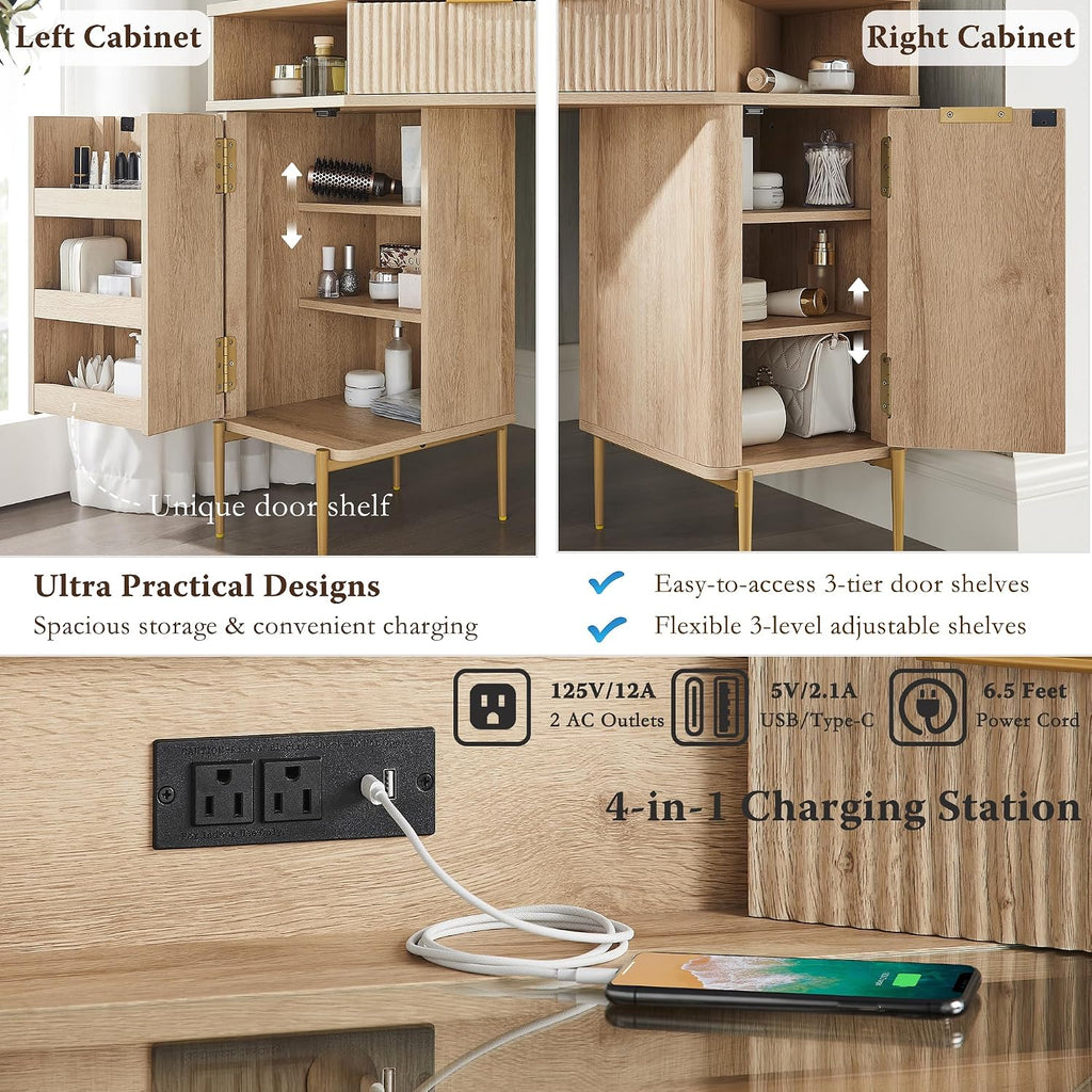 T4TREAM 48" Corner Makeup Vanity with Lighted Triple Mirror, Natural Oak | Modern, Fluted Vanity, Glass Top, 3 Drawers, 2 Cabinets, Organized Bedroom Storage