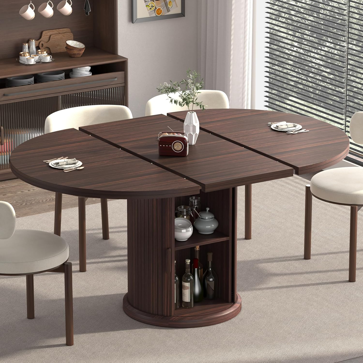 47.2"–63" Extendable Dining Room Table for 4–8, Round‑to‑Oval Expandable Wood Table with Dust‑Proof 2‑Tier Storage Shelf, Space‑Saving Modern Farmhouse Centerpiece for Living Room, Black Walnut