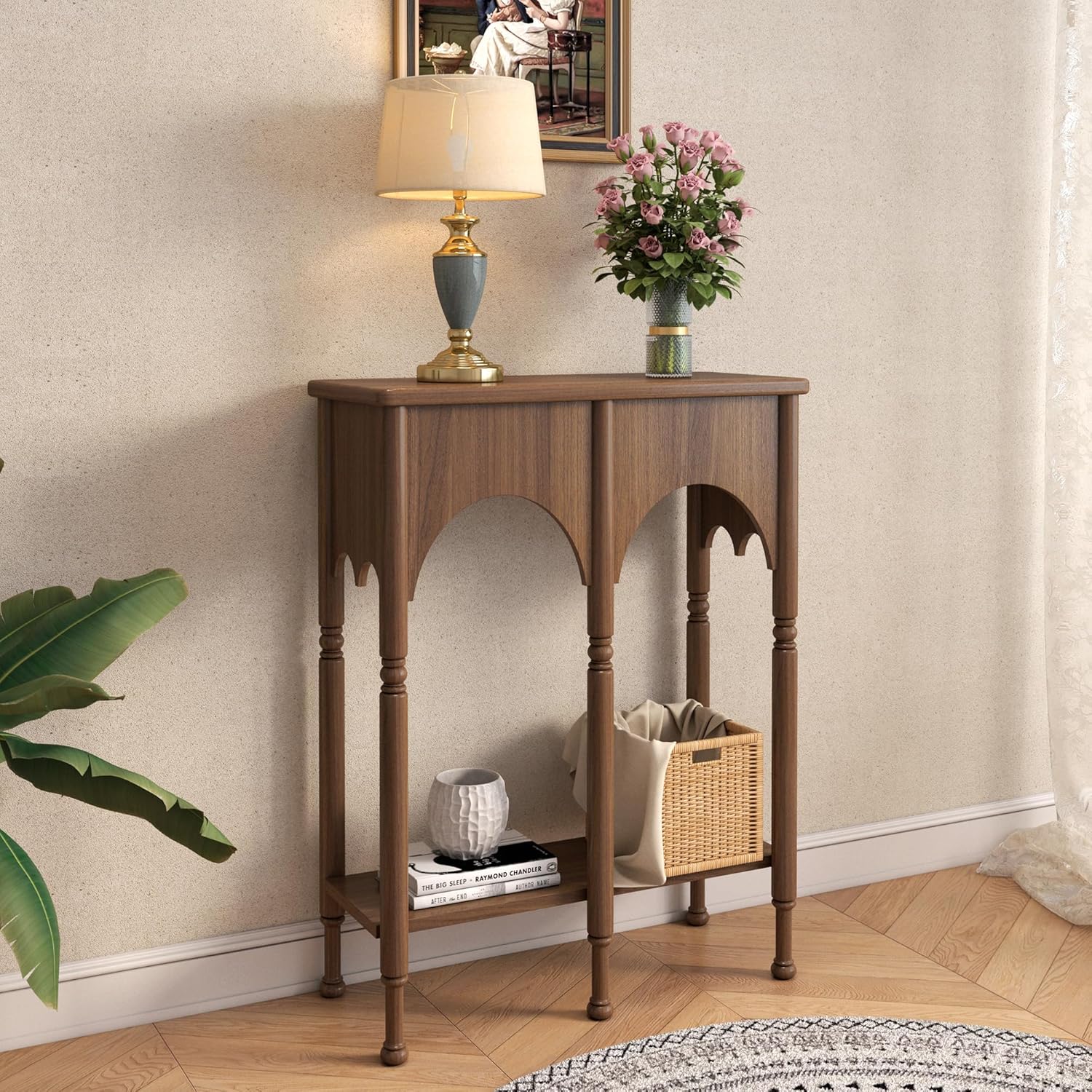 Console Table with Storage Shelf, 28" Retro 2-Tier Entryway Table, Wooden Sofa Table with Roman-Style Legs for Living Room, Hallway, Brown