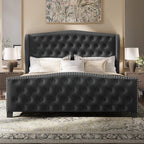 BRELTAM Upholstered Queen Size Bed Frame Velvet Tufted Platform Bed Frame with Wingback Headboard & Footboard, with Deep Button Tufted & Nailhead Wooden Slats Support, No Box Spring Needed,Grey