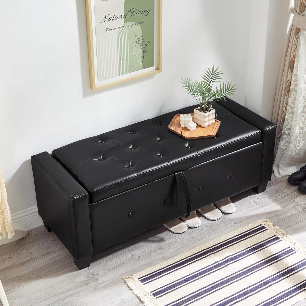 Betoko PU Leather Ottoman Bench with Storage,48" Mid Century Modern Storage Bed Bench for Bedroom,Button Tufted Ottoman Benches with Seating for Living Room,Entryway,Window (New PU Black)